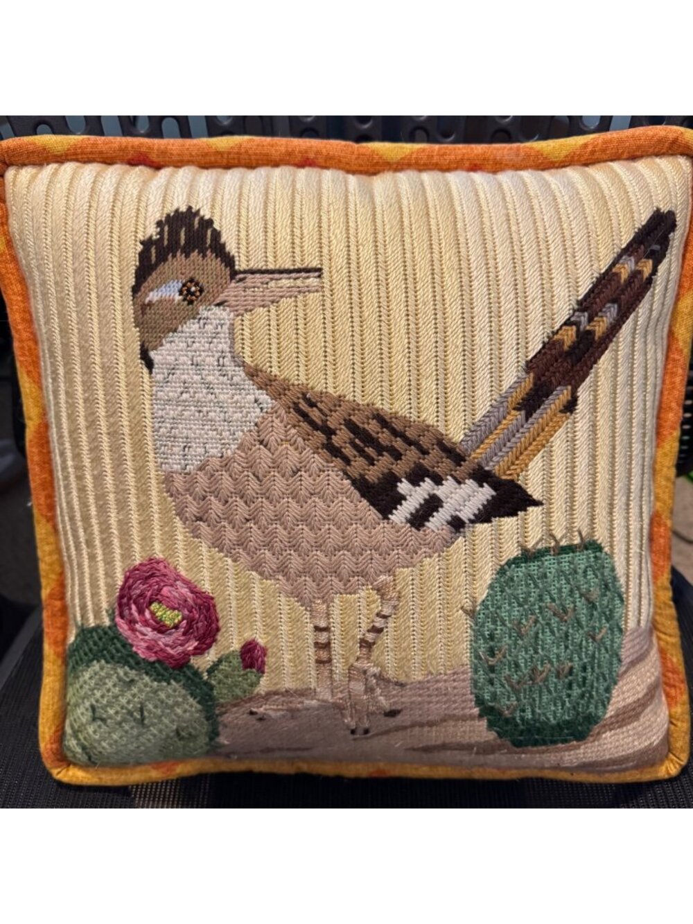 Vintage Julie Mar Roadrunner Needlepoint Pillow Waverly Chevron Backing 14x14